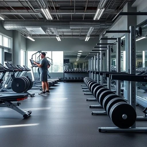 Wide-angle, architectural shot of a spacious, modern gym interior
