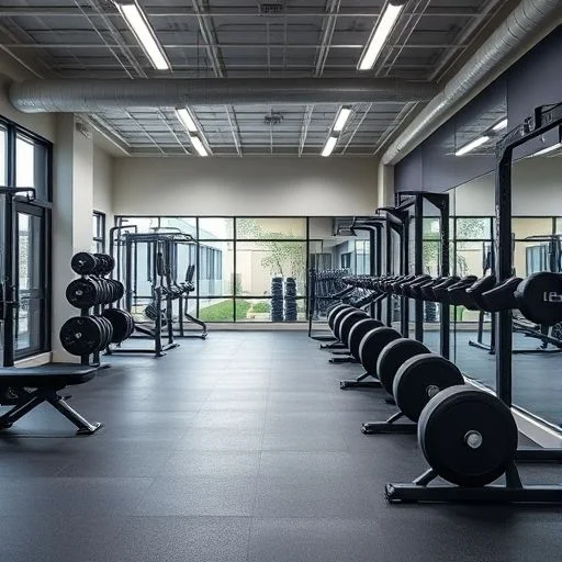 Perfectly organized array of minimalist dumbbells on a polished floor